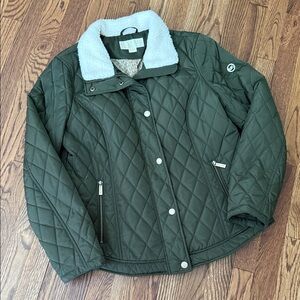 MICHAEL Michael Kors Dark Green Quilted Puffer with Cream Collar